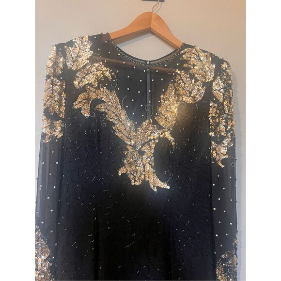 Vintage Jaqueline Ferrar 12 Sequin Beaded Sheath Dress Black Gold Party Cocktail - Picture 4 of 14